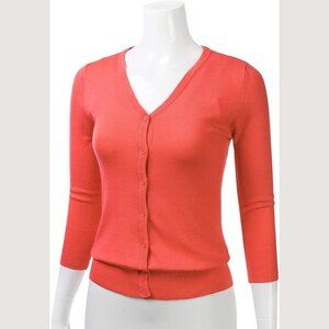 MAK Cardigan Sz L Peach Orange 3/4 Sleeve Button Up VNeck Sweater